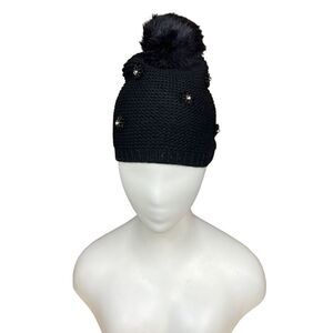 Neiman Marcus Hat Pom Pom Beanie Black Floral Embellished Bling Women One Size